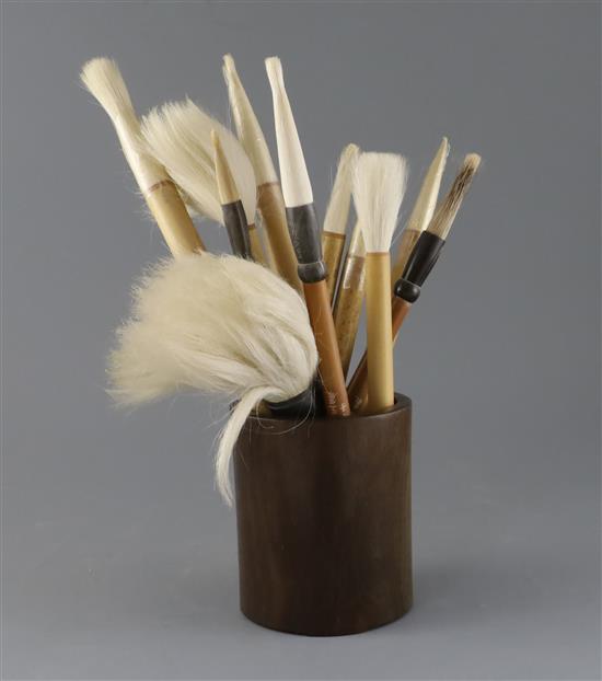 A Chinese Zitan brush pot, 19th century, brush pot H.13.5cm, old fine crack to base